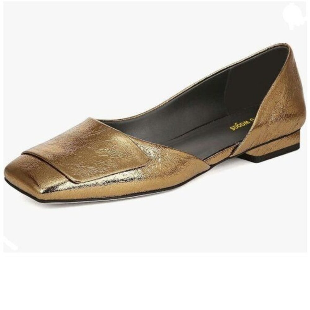 Wo Wagas Gold Side Cut Block Low Heels Square Toe Pumps Working Party Shoes